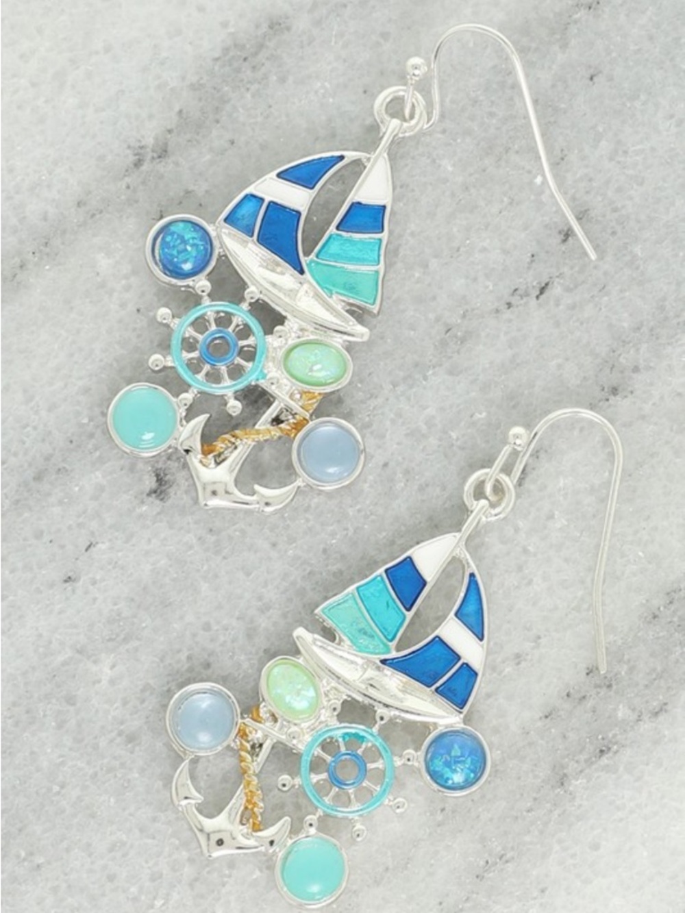 2031. Nautical sailboat agate gemstone cluster earrings